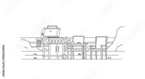 Outdoor grill and dining setup on a patio, ready for a barbecue.