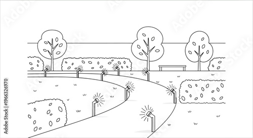 Winding park path with trees and bushes.