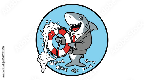 Professional Business Shark Mascot in Suit Holding Lifebuoy Ring for Insurance Financial Rescue and Corporate Risk Management Concept