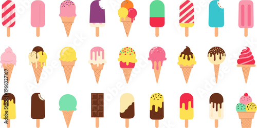 Ice Cream and Popsicle Icon Set with Colorful Frozen Desserts, Cones, and Sweet Treat Variations for Summer Food Illustration Design
