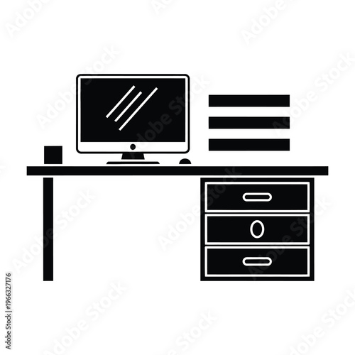 Simple office desk with computer and filing cabinet in black and white illustration icon