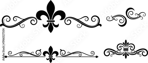 Ornamental Flourish Divider Icon Set with Elegant Vintage Swirls and Fleur de Lis Elements for Decorative Borders and Classic Design Graphics