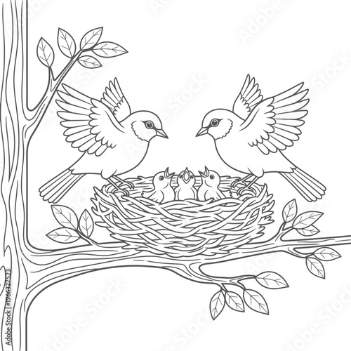 A charming black and white illustration of a bird family with parents feeding their young in a cozy nest on a tree branch, perfect for nature and wildlife themes