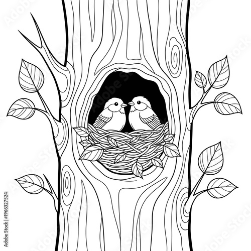 Peaceful line art of two small birds lovingly nestled in their cozy nest within a tree hollow, symbolizing family, protection, and the serene sanctuary of nature's embrace