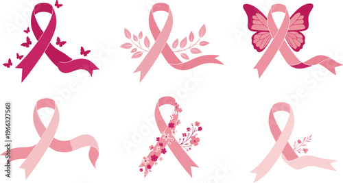 Pink Awareness Ribbon Icon Set with Decorative Elements for Breast Cancer Support, Healthcare Campaigns, and Charity Awareness Design