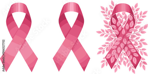 Pink Awareness Ribbon Icon Set with Decorative Floral Elements for Breast Cancer Support Campaign, Healthcare Awareness, and Charity Design Concepts