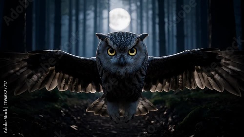 Majestic Owl Flying Through Dark Forest Under Full Moon in Cinematic Night Scene