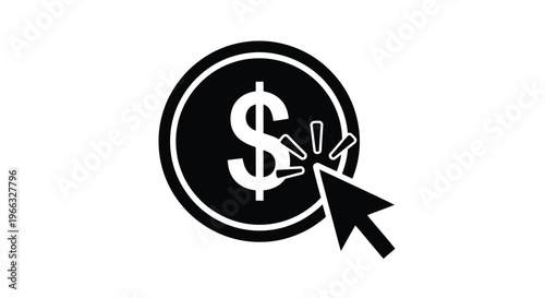 Simple black and white vector graphic illustration of a mouse cursor clicking on a coin featuring the prominent dollar currency symbol for earnings