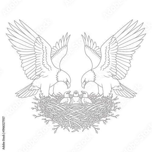 A heartwarming outline illustration depicting two majestic adult eagles diligently guarding their precious nest filled with three adorable baby eaglets, symbolizing family bond and care