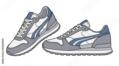 A pair of athletic running shoes with white, grey, and blue accents, presented on a clean white background.