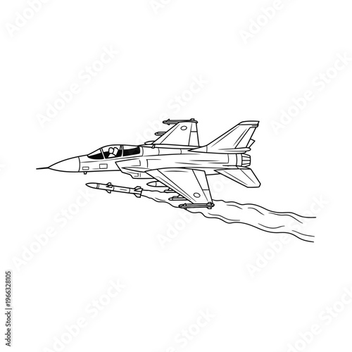 Line art illustration of a powerful fighter jet, armed with a missile, flying at high speed, leaving a dynamic smoke trail, depicting military aviation and air defense