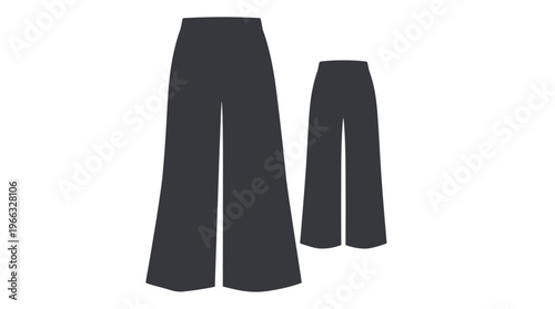 A pair of dark gray wide-leg pants shown from the front, with a smaller pair in the background.