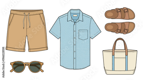Flat lay of men's summer clothing and accessories, including shorts, shirt, sandals, sunglasses, and tote bag.