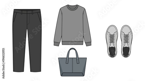 Flat lay of a stylish grey outfit for men, including trousers, sweatshirt, tote bag, and sneakers.