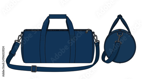 Two views of a navy blue duffel bag, one side view and one end view, isolated on a white background.