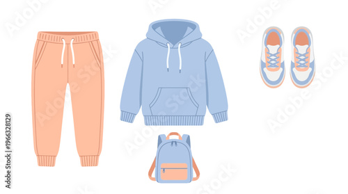 A flat lay of casual clothing and accessories including peach sweatpants, a light blue hoodie, a small backpack, and matching sneakers.