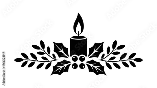 A minimalist vector graphic of a lit candle surrounded by holly leaves and berries in a flat, silhouette design