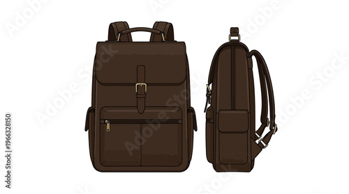 A stylish brown leather backpack shown from the front and side, isolated on a white background.