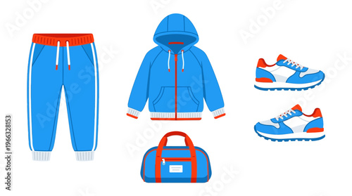 Blue athletic wear set including tracksuit bottoms, hoodie, duffel bag, and sneakers with orange accents.