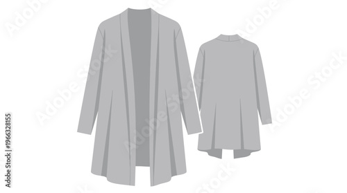 A flat lay illustration of a grey open-front cardigan with long sleeves, shown from the front and back.