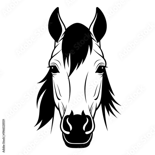 Close-up illustration of a black and white horse head, captured in a striking frontal portrait, showcasing its mane and ears with expressive eyes