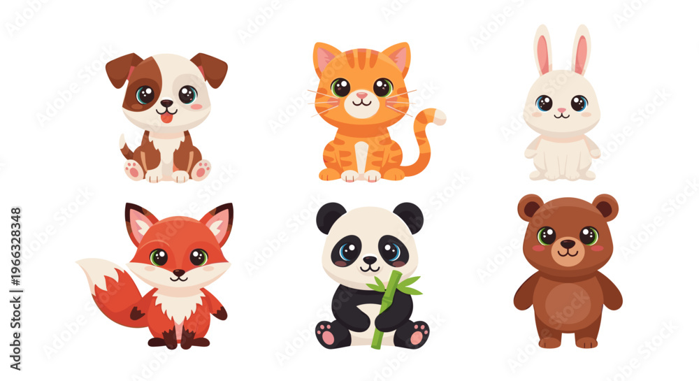 Fototapeta premium A colorful illustration of cute cartoon animals including a dog, cat, rabbit, fox, panda, and bear.