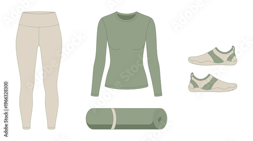 Flat lay of yoga outfit including leggings, long-sleeved shirt, yoga mat, and minimalist sneakers on a white background.