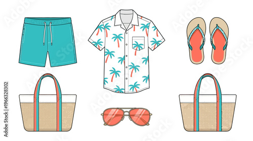 Flat lay of summer vacation clothing and accessories, including shorts, a Hawaiian shirt, flip-flops, sunglasses, and beach bags.