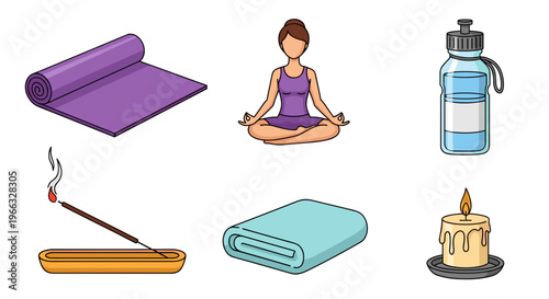A serene woman practicing yoga with various wellness items around her in a minimalist vector illustration
