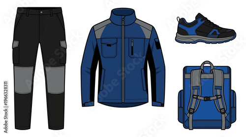 Set of outdoor clothing and accessories including pants, jacket, shoe, and backpack.