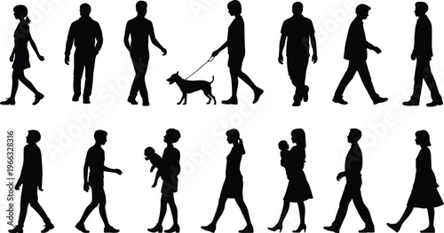 Walking people silhouettes, diverse human movement, dog walker, parent child figures, flat vector