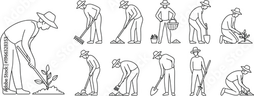 Gardening activities flat vector illustration, farmer planting harvesting raking tending plants