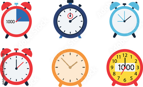 Alarm Clock Icon Set with Retro and Modern Timepieces for Time Management, Wake Up Reminder, and Schedule Concept Design