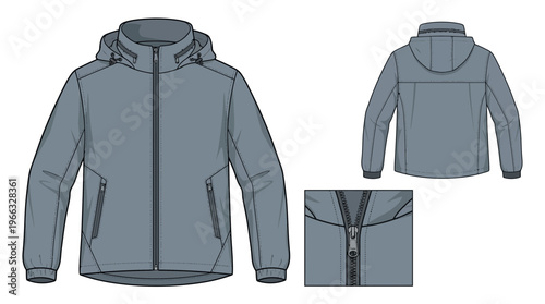 Technical drawing of a gray hooded jacket, front and back views, with a close-up of the zipper.
