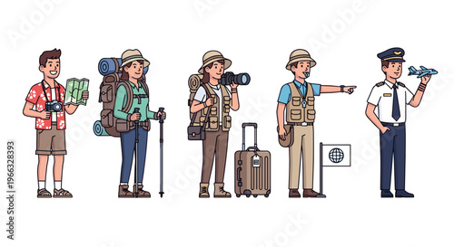 A vector graphic illustration of six travelers and a police officer in various poses and outfits.