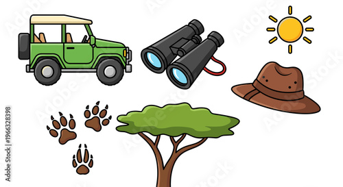 A colorful vector illustration of safari icons including a jeep, binoculars, and a tree