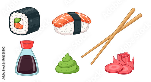 A colorful vector graphic illustration of sushi and Japanese food items on a white background