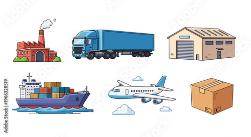 A colorful vector graphic illustrating various modes of transportation and logistics