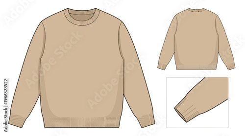 Flat fashion sketch of a classic beige crew neck sweater with ribbed cuffs and hem, shown from the front and back.