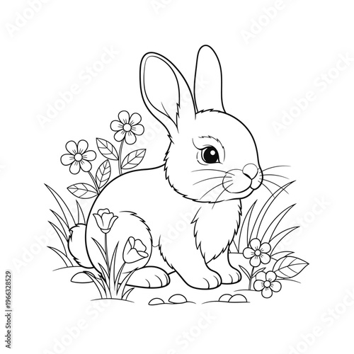 Delightful outline illustration of a cute bunny rabbit in a spring garden. This charming scene is perfect for coloring pages, crafts, or joyful seasonal projects