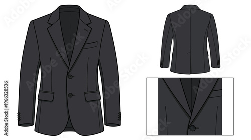 Fashion illustration of a dark grey tailored suit jacket, front and back views, with a close-up detail of the lapel and button.