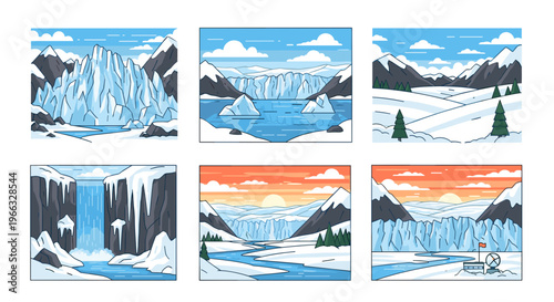 A set of six winter landscape illustrations in a flat, minimal design style