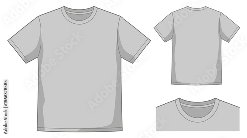 Blank gray t-shirt shown from the front, back, and neckline detail.