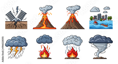 A set of vector graphic icons depicting various natural disasters and weather phenomena
