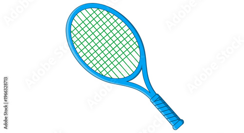 A blue tennis racket with a white background