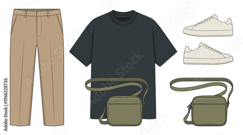 Flat lay of casual men's clothing and accessories, including trousers, t-shirt, sneakers, and crossbody bags.