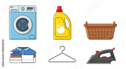 A colorful vector graphic illustration of various laundry items and appliances on a clean white background