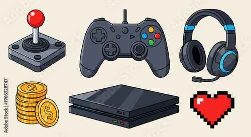 A colorful vector graphic illustration of gaming console and accessories icons