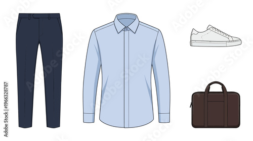 Flat lay of a casual business outfit including navy trousers, a light blue shirt, white sneakers, and a brown briefcase.