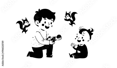 Cute kids playing with squirrels cartoon vector illustration boy and baby girl friendly animal interaction isolated on white